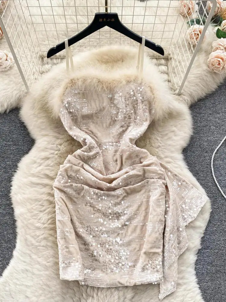 Beige Sexy Club Sequins Furry Slip Dress Black Off Shoulder Backless Fashion Women Slim Autumn Birthday Party Pink Mini Dresses