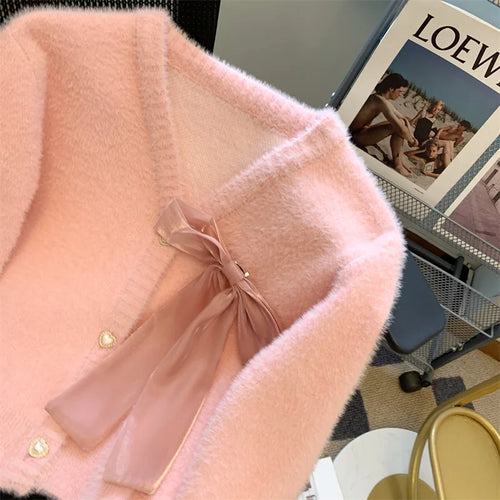 Load image into Gallery viewer, Sweet Pink Single Breasted Imitation Mink Sweater Jacket For Women&#39;s 2024 Autumn Winter New Bow Decorate Knit Cardigan Tops Chic
