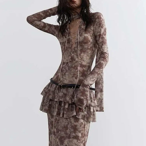 Load image into Gallery viewer, Women Beige Hollow Out Bandge Ruffles Long Elegant Dress New V-Neck Long Sleeve Fashion Tide Spring Autumn 2025 1DH4719
