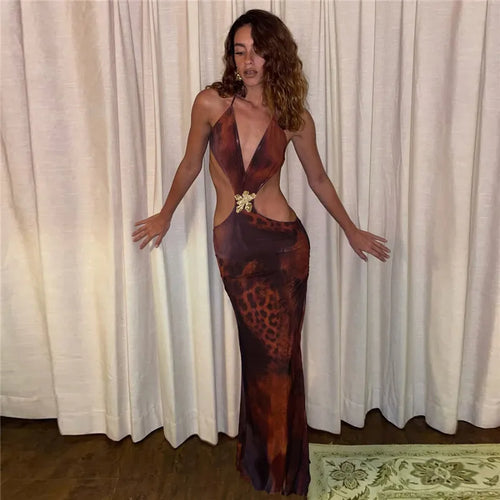 Load image into Gallery viewer, Halter Deep V Neck Print Sexy Maxi Dress For Women Gown Summer New Hollow Out Sleeveless Backless Beach Long Dress
