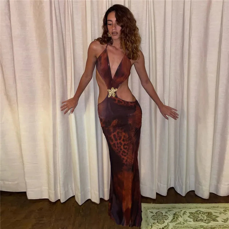 Halter Deep V Neck Print Sexy Maxi Dress For Women Gown Summer New Hollow Out Sleeveless Backless Beach Long Dress