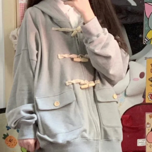 Load image into Gallery viewer, Y2k Aesthetic Horn Button Jacket Womens Jackets 2025 Autumn New Korean Kawaii Solid Preppy Clothes Casual All Match Femme Tops
