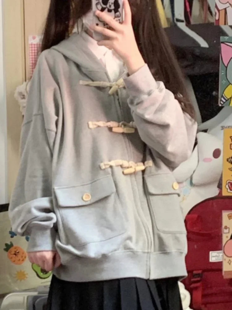 Y2k Aesthetic Horn Button Jacket Womens Jackets 2025 Autumn New Korean Kawaii Solid Preppy Clothes Casual All Match Femme Tops