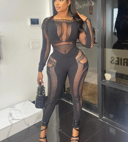 Sexy Knitted Hollow Out One Piece Pajama Tight Seductive Jumpsuit Women Elastic Slim Pencil Pants Party Night Clubwear