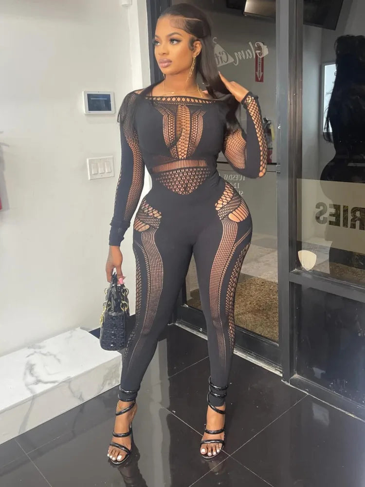 Sexy Knitted Hollow Out One Piece Pajama Tight Seductive Jumpsuit Women Elastic Slim Pencil Pants Party Night Clubwear