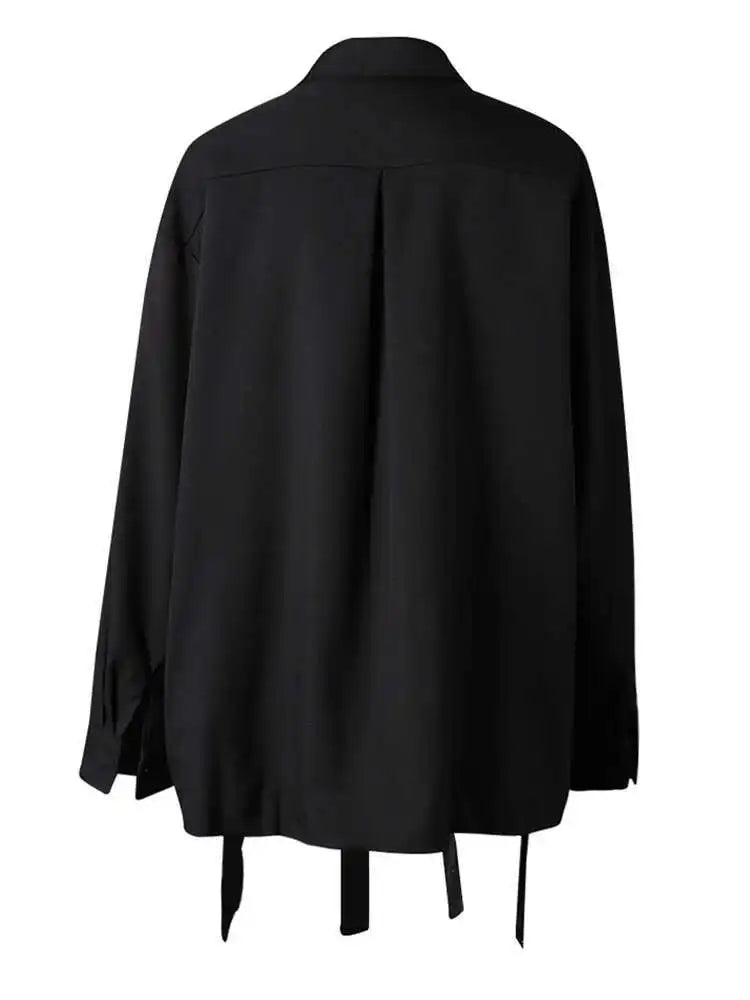 Women Black Three-dimensional Flower Big Size Blouse New Lapel Long Sleeve Shirt Fashion Tide Spring Autumn 2025 CPG2864