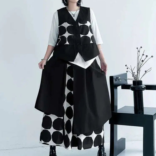 Load image into Gallery viewer, Big Size Black Dot Vest Wide Leg Pants Two Piece Suit New V-Neck Sleeveless Women Fashion Tide Spring Autumn 2025 1DJ1039
