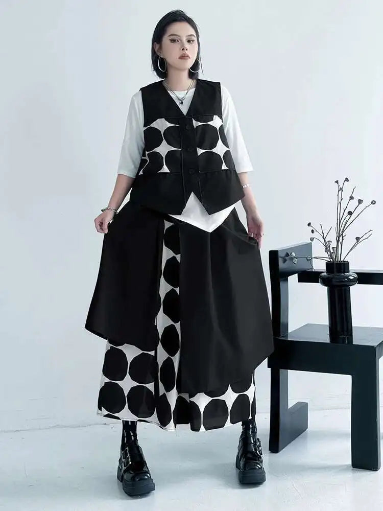 Big Size Black Dot Vest Wide Leg Pants Two Piece Suit New V-Neck Sleeveless Women Fashion Tide Spring Autumn 2025 1DJ1039