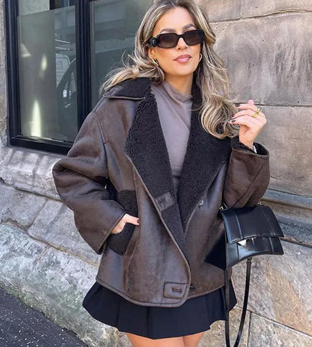 Double-sided Lapel Jacket Women Loose Lamb Wool Long Sleeve Thick Coat Winter Fashion Female Warm Single-breasted Top