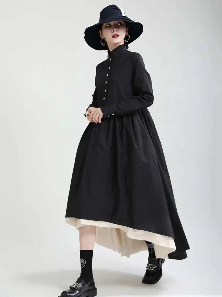 Women Black Layers Irregular Long Elegant Dress New Stand Collar Long Sleeve Fashion Tide Spring Autumn 2025 1DH9894