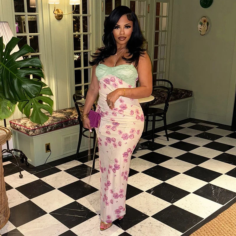 Lace Print Spaghetti Strap Sexy Maxi Dress Women Elegant Off-shoulder Sleeveless Backless High Waist Bodycon Dress