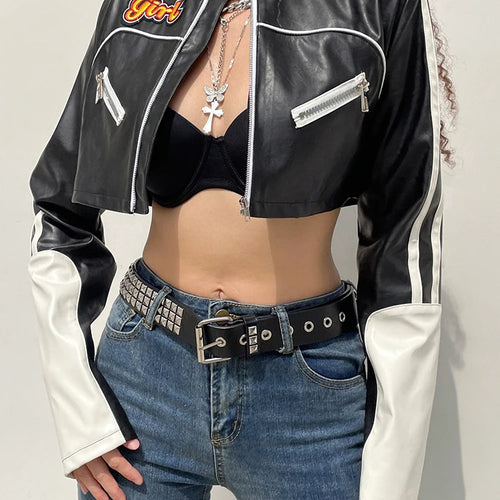 Load image into Gallery viewer, Streetwear Punk Style Patchwork Cropped PU Leather Jacket Women Zipper Autumn Winter Jacket Contrast Color Basic Coat
