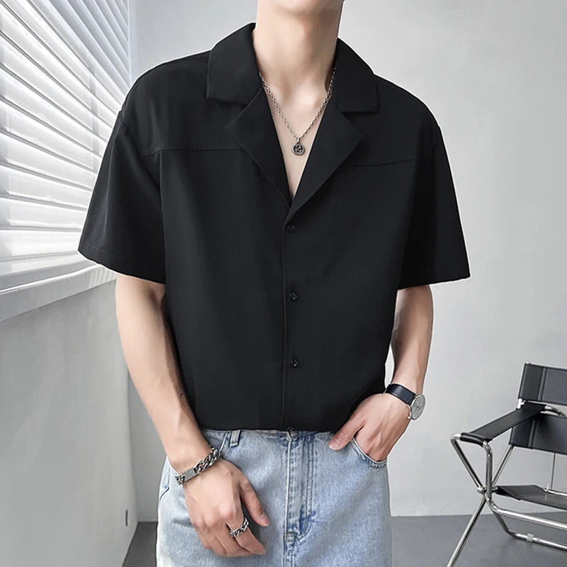 Summer Korean Style Men's Shirts Short Sleeved Trendy Solid Color Turn-down Collar Singel Breasted Male Top 9W1873
