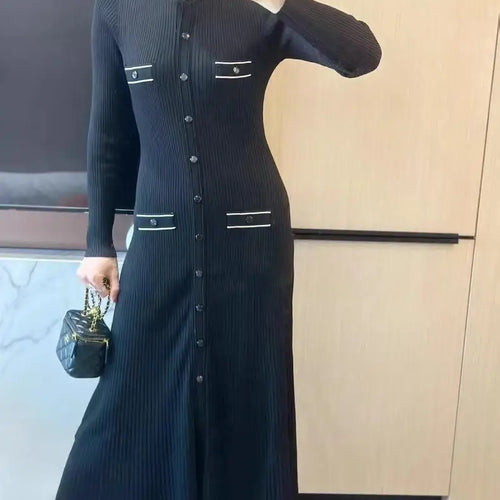 Load image into Gallery viewer, Korean 2024 Autumn Winter New Ladies Black Elegant Long Sleeve Knitted Dress Women Fashion Crew Neck Slim Single Breasted Dress
