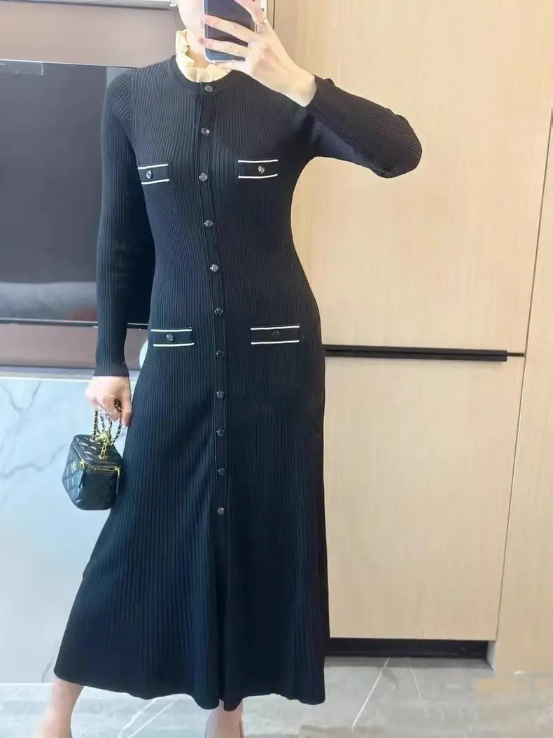 Korean 2024 Autumn Winter New Ladies Black Elegant Long Sleeve Knitted Dress Women Fashion Crew Neck Slim Single Breasted Dress
