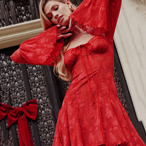 Load image into Gallery viewer, Temperament Christmas Red Long Sleeved Dress Women Lace Patchwork Ruffled Edge Mini Dress Female Bodycon Party Evening
