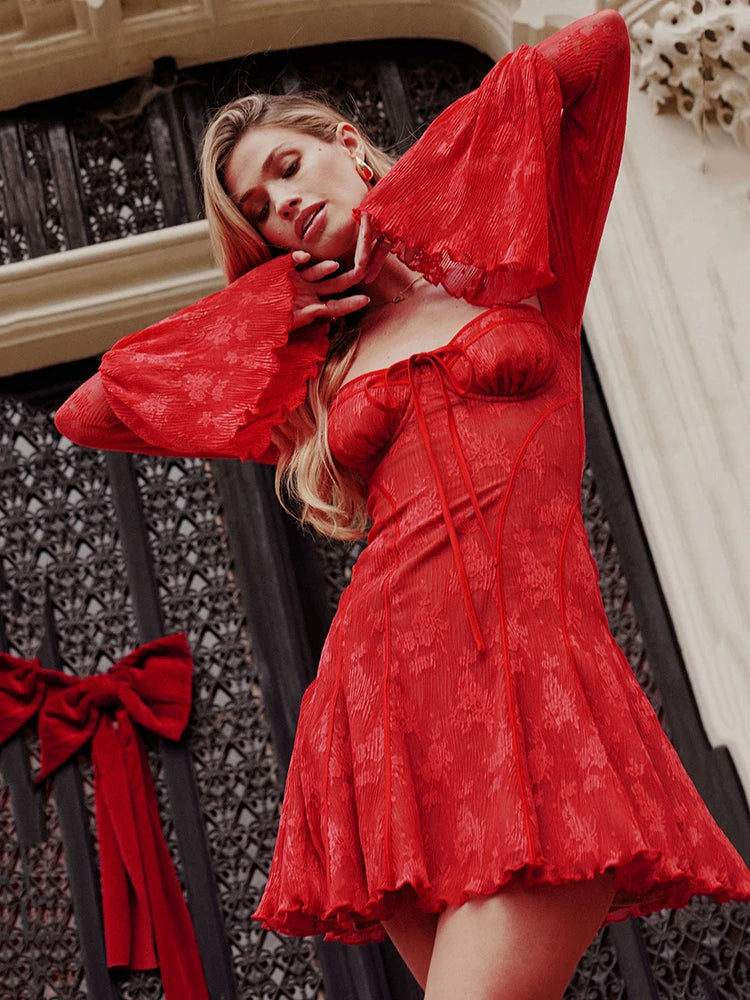 Temperament Christmas Red Long Sleeved Dress Women Lace Patchwork Ruffled Edge Mini Dress Female Bodycon Party Evening