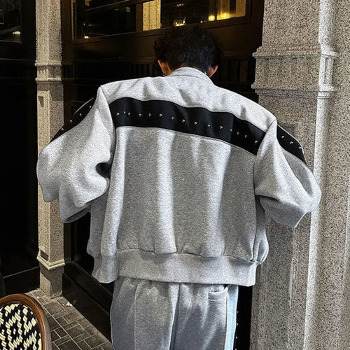 Load image into Gallery viewer, Men&#39;s Jacket Rivets Design Contrasting Color Stand Collar New Korean Shoulder Pad Jackets Multi Zippers Spring 2025 9W1344
