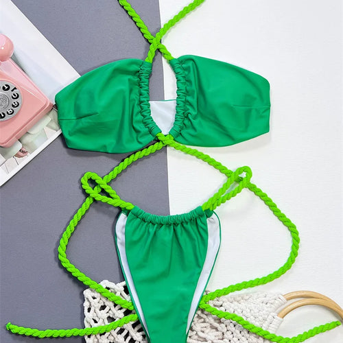 Load image into Gallery viewer, Green Cross Halter Bikini 2024 Sexy Swimwear Women Brazilian Swimsuit Around Bandage Biquini Cut Out Bathing Suit
