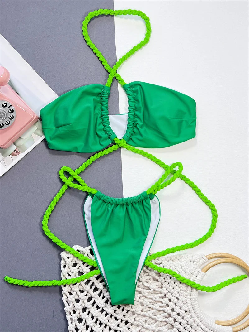 Green Cross Halter Bikini 2024 Sexy Swimwear Women Brazilian Swimsuit Around Bandage Biquini Cut Out Bathing Suit