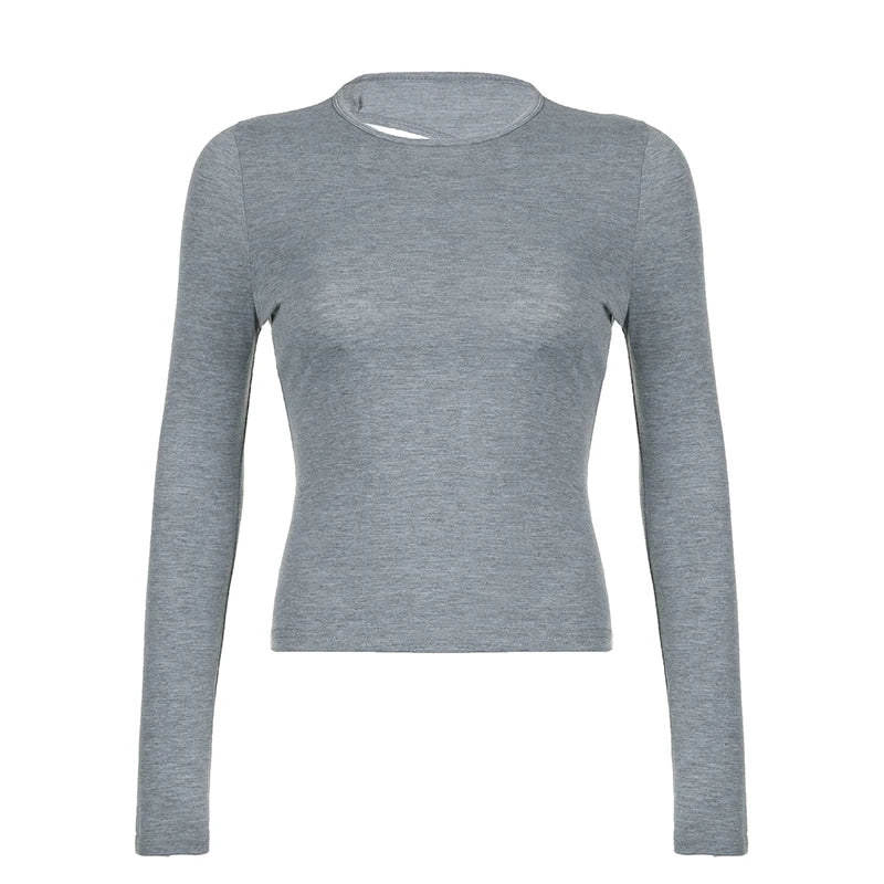 Streetwear Backless Skinny Women T-shirts Sexy Basic Solid Long Sleeve Fashion Top Party Grey Spring Autumn Tee Shirt