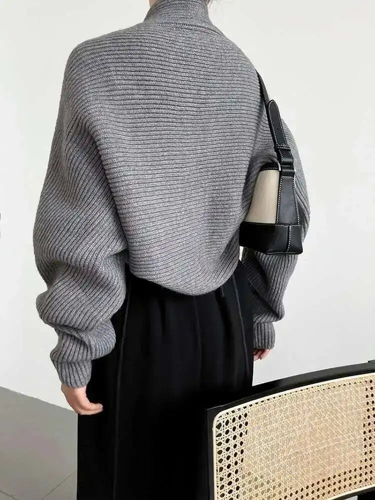 Elegant Gray Knitting Cardigan Sweater Loose Fit V-Neck Long Sleeve Women New Fashion Tide Autumn Winter 2025 1DF2337