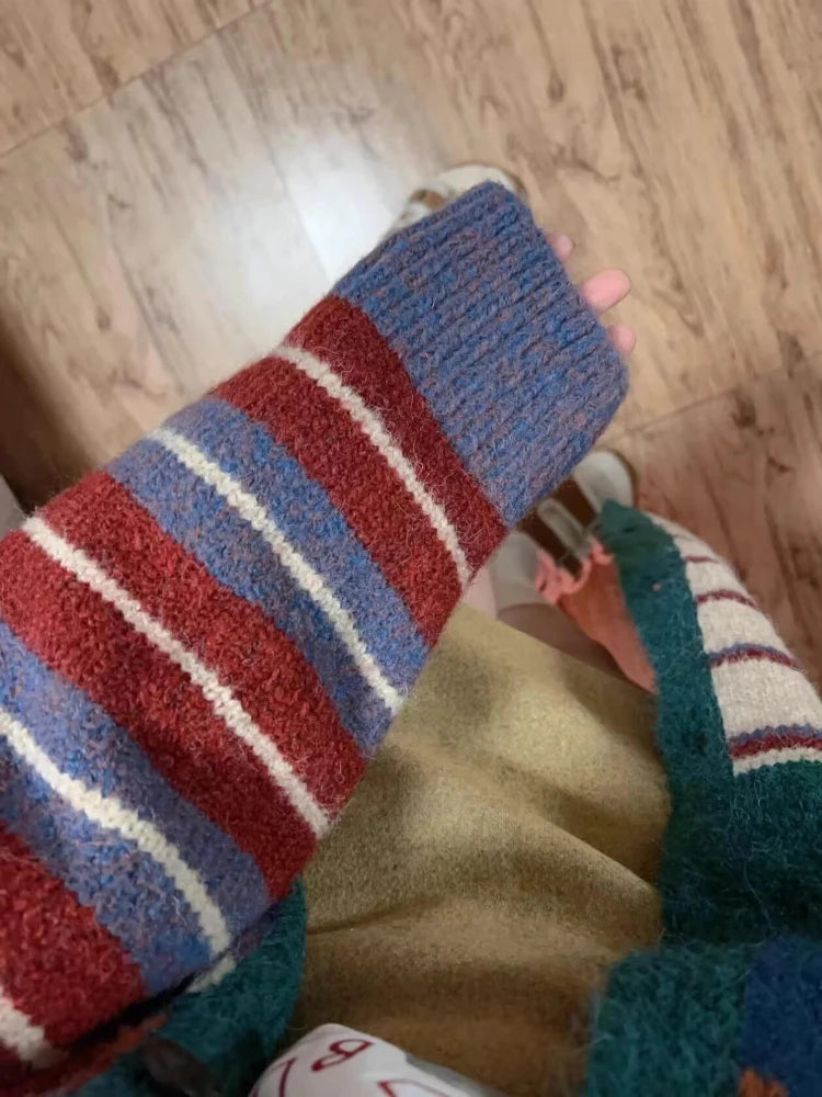 Japanese Oversize Grunge Casual Cardigans Y2k Aesthetic Contrast Color Stripe Coats Women Autumn Single Breasted Long Sweater