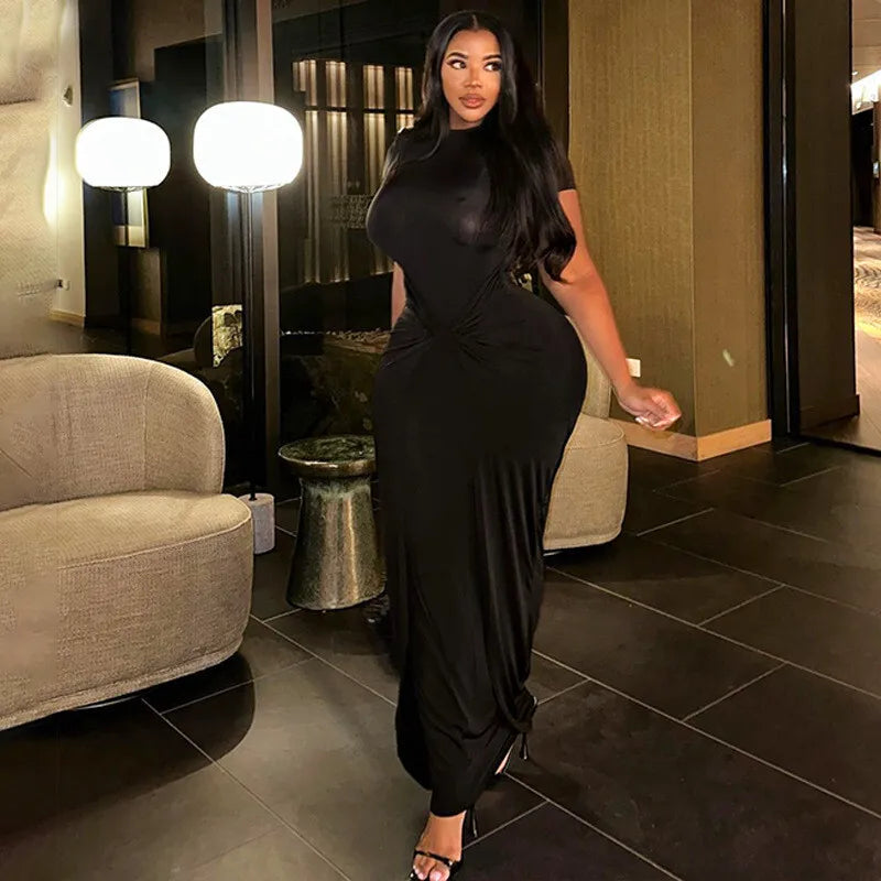 Short Sleeve Ruched Sexy Maxi Dress For Women Fashion Summer New Solid High Waist Slim Fit Elegant Long Dress Vestido