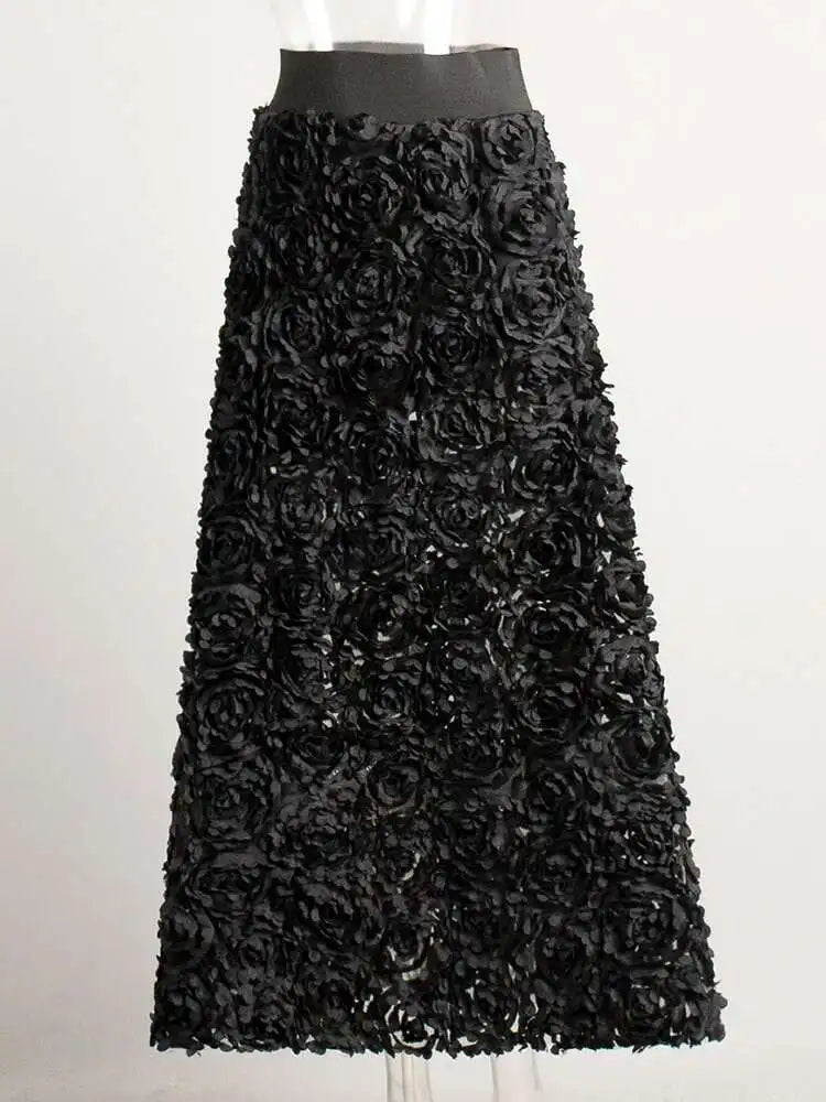 High Elastic Waist Red  Three-dimensional Flower A-line Half-body Skirt Women Fashion Tide New Spring Autumn 20251DH8549