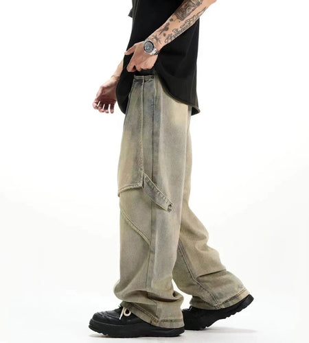 Men's Washed Denim Pants New Summer Loose Straight Leg Trendy Handsome American Style Patchwork Design Male Bottoms 9W1738