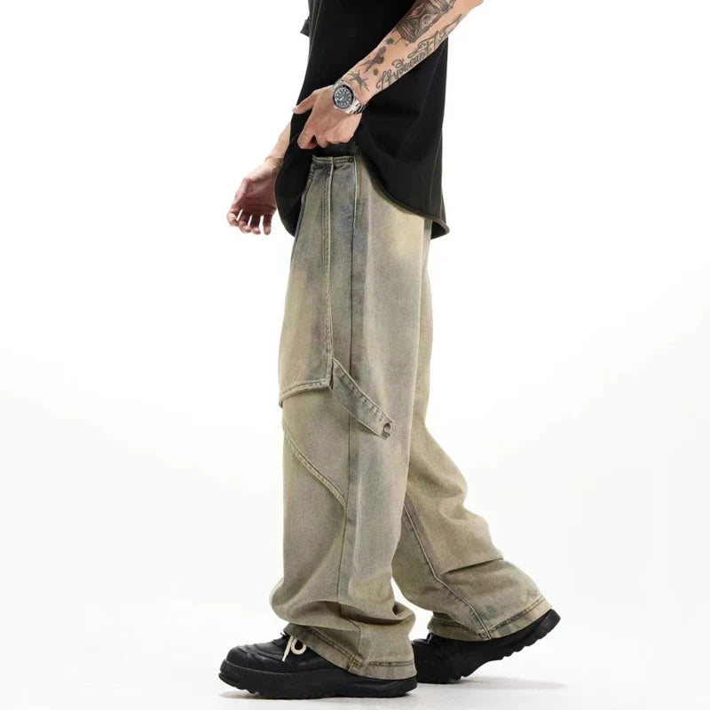 Men's Washed Denim Pants New Summer Loose Straight Leg Trendy Handsome American Style Patchwork Design Male Bottoms 9W1738
