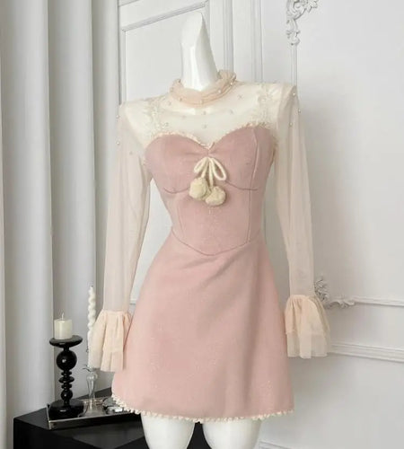 Korean Fashion Vintage 2025 Spring Elegant Two Pieces Set Women Beige Mesh Pearl Long Sleeved Tops + Pink Short Slip Dress Trend