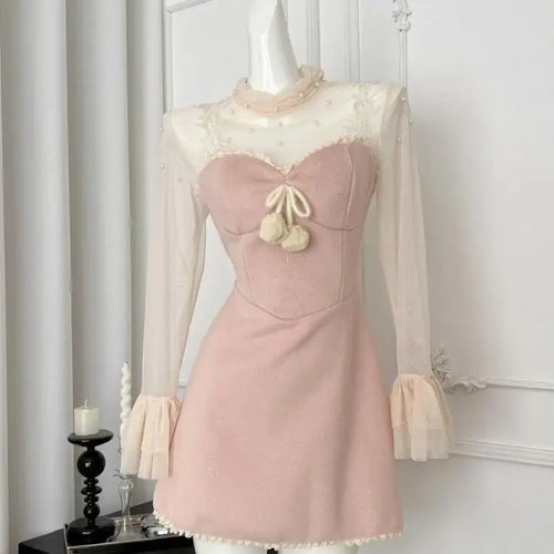 Load image into Gallery viewer, Korean Fashion Vintage 2025 Spring Elegant Two Pieces Set Women Beige Mesh Pearl Long Sleeved Tops + Pink Short Slip Dress Trend
