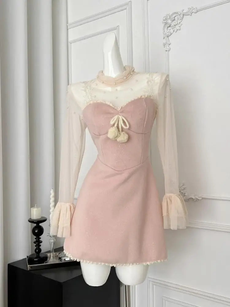 Korean Fashion Vintage 2025 Spring Elegant Two Pieces Set Women Beige Mesh Pearl Long Sleeved Tops + Pink Short Slip Dress Trend