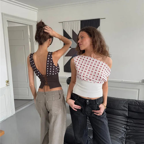 Load image into Gallery viewer, Backless Polka Dot Crop Tops Women Vest Fashion Summer New Oblique Shoulder Sleeveless Tank Tops Pullovers Female
