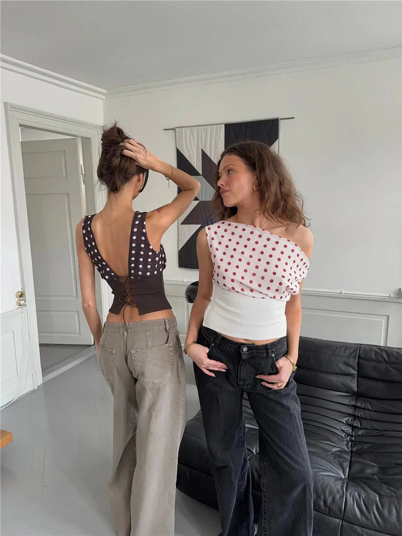 Backless Polka Dot Crop Tops Women Vest Fashion Summer New Oblique Shoulder Sleeveless Tank Tops Pullovers Female