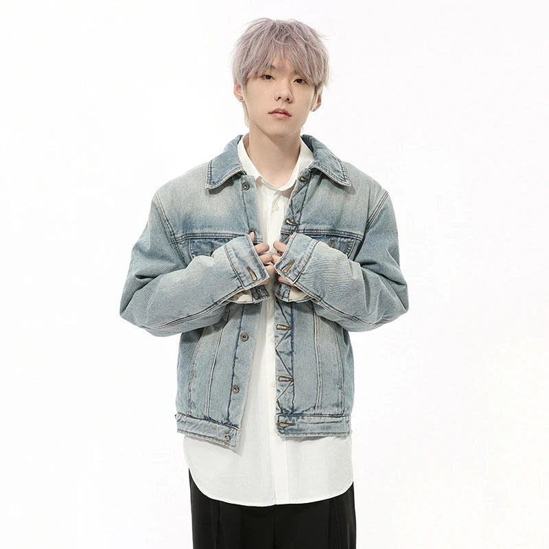 Korean Style Men's Jackets Patchwork Washing Mill White Lapel Single Breasted Solid Color Casual Quilted Coats 2024 9C9334