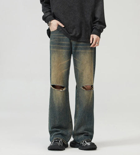 Men's Jean Wear American Cleanfit Knee Hole Jeans Solid Color Full Length Loose Straight Leg Pants Fashion Trendy 9W1310