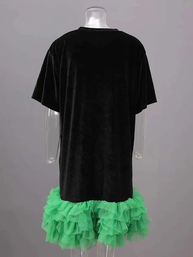 Women Green Mesh Ruffles Hem Big Size Knee-Length Dress New Round Neck Short Sleeve Fashion Spring Summer 2025 CPG2904