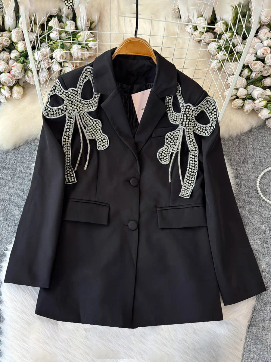 Solid Patchwork Button Slimming Blazer For Women Notched Collar Long Sleeve Spliced Diamonds Elegant Coat Female