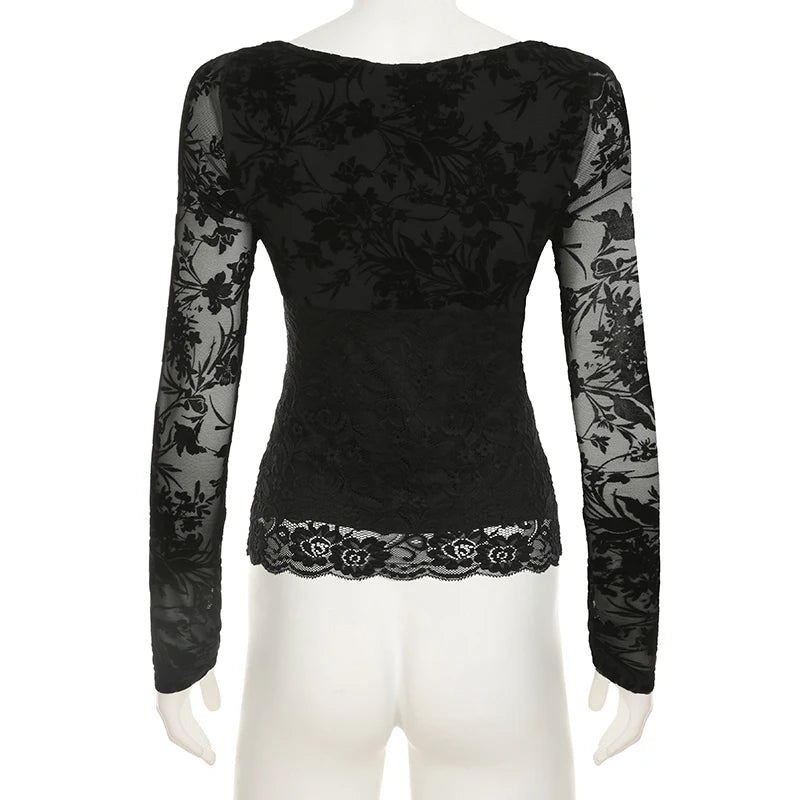 Fashion Lace Hook Flowers Black T-shirt For Women V-Neck Long Sleeve Slim Spring Bodycon Top Folds Gothic Dark Shirts