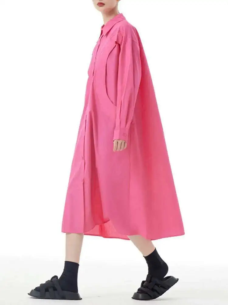 Women Green Rose Red Spliced Big Size Midi Shirt Dress New Lapel Long Sleeve Fashion Tide Spring Autumn 2025 1DH5167