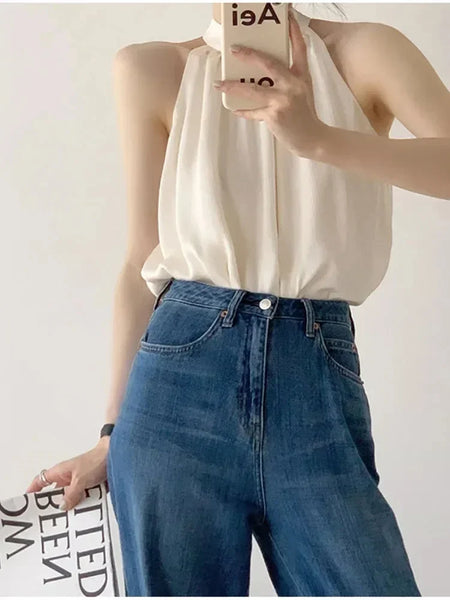 Fashion Solid Color Off Shoulder Women's Sleeveless Top Slim Fit Sweet French Design Unique Hanging Neck Women Chiffon Top