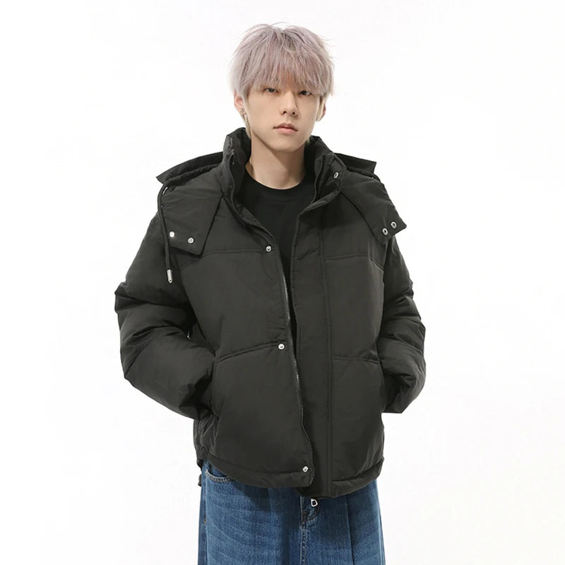 Simple Men's Padded Jackets Hooded Drawstring Solid Color Warm Short Parkas Korean Casual Male Thckened Coats Tide 9C9343