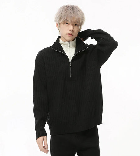 Half Zippers Design Men's Sweaters Double Layer Collar Vertical Stripe Fake Two-piece Contrast Color Male Pullovers 9C9213