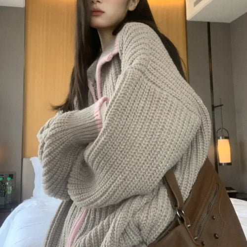 Load image into Gallery viewer, 2025 Preppy Contrast Color Cardigans Women Fashion Y2k Aesthetic Loose Knitted Sweaters New Harajuku Casual Single Brested Coat
