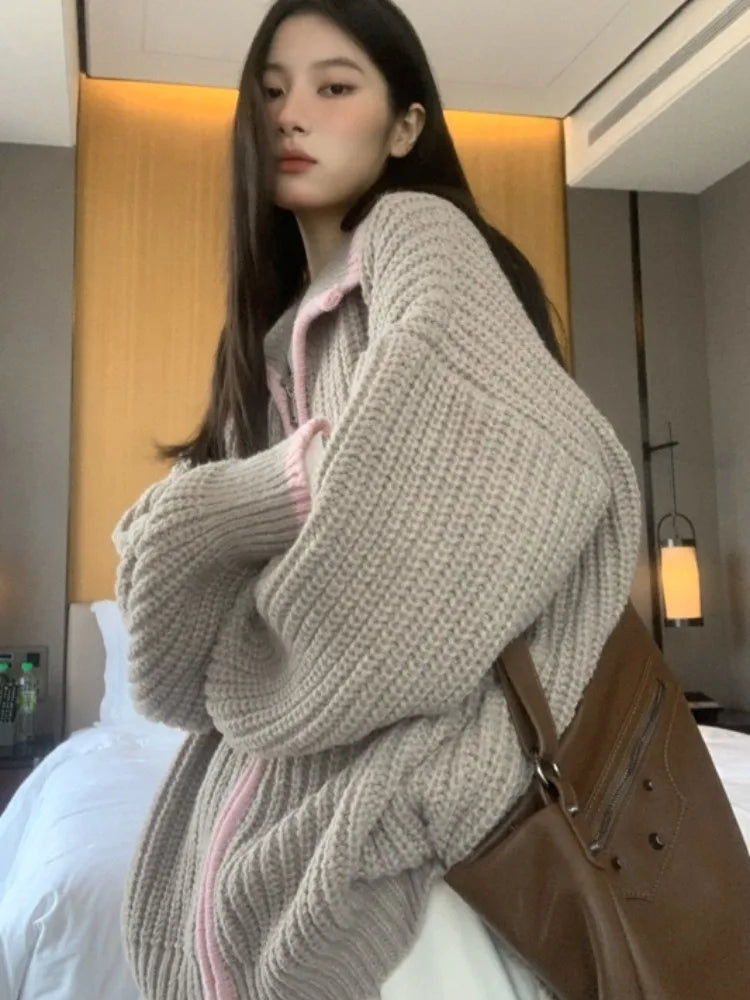 2025 Preppy Contrast Color Cardigans Women Fashion Y2k Aesthetic Loose Knitted Sweaters New Harajuku Casual Single Brested Coat
