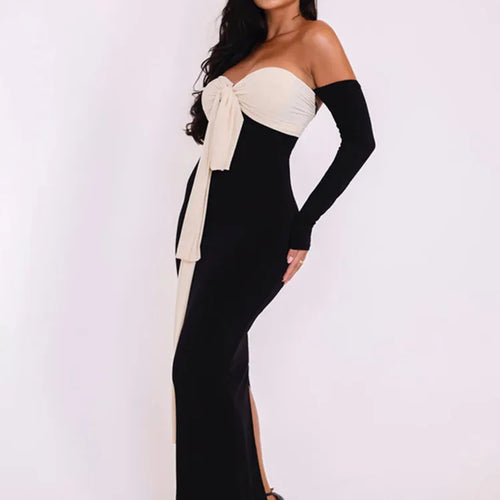 Load image into Gallery viewer, Patchwork Off-shoulder Sexy Maxi Dress For Women Gown Contrast Color Strapless Long Sleeve Bodycon Sexy Long Dress
