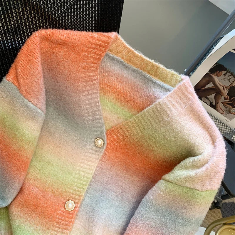 Autumn Winter French Retro Rainbow Colorblock Elegant Knitted Cardigan Tops Women V Neck Single Breasted Long Sleeve Sweater New