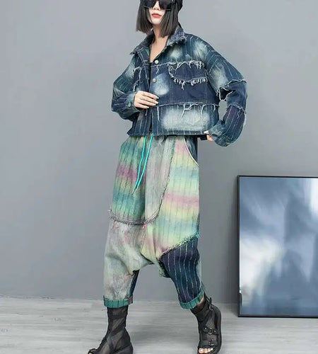 Big Size Denim Jacket Wide Leg Pants Two Piece Suit New Lapel Long Sleeve Women Fashion Tide Spring Autumn 2025 1DH6431